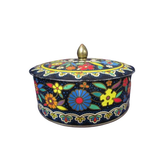 Daher Cloisonne Style 1970s Vintage Hand Painted Floral Biscuit Tin with Lid GUC - Picture 4 of 14